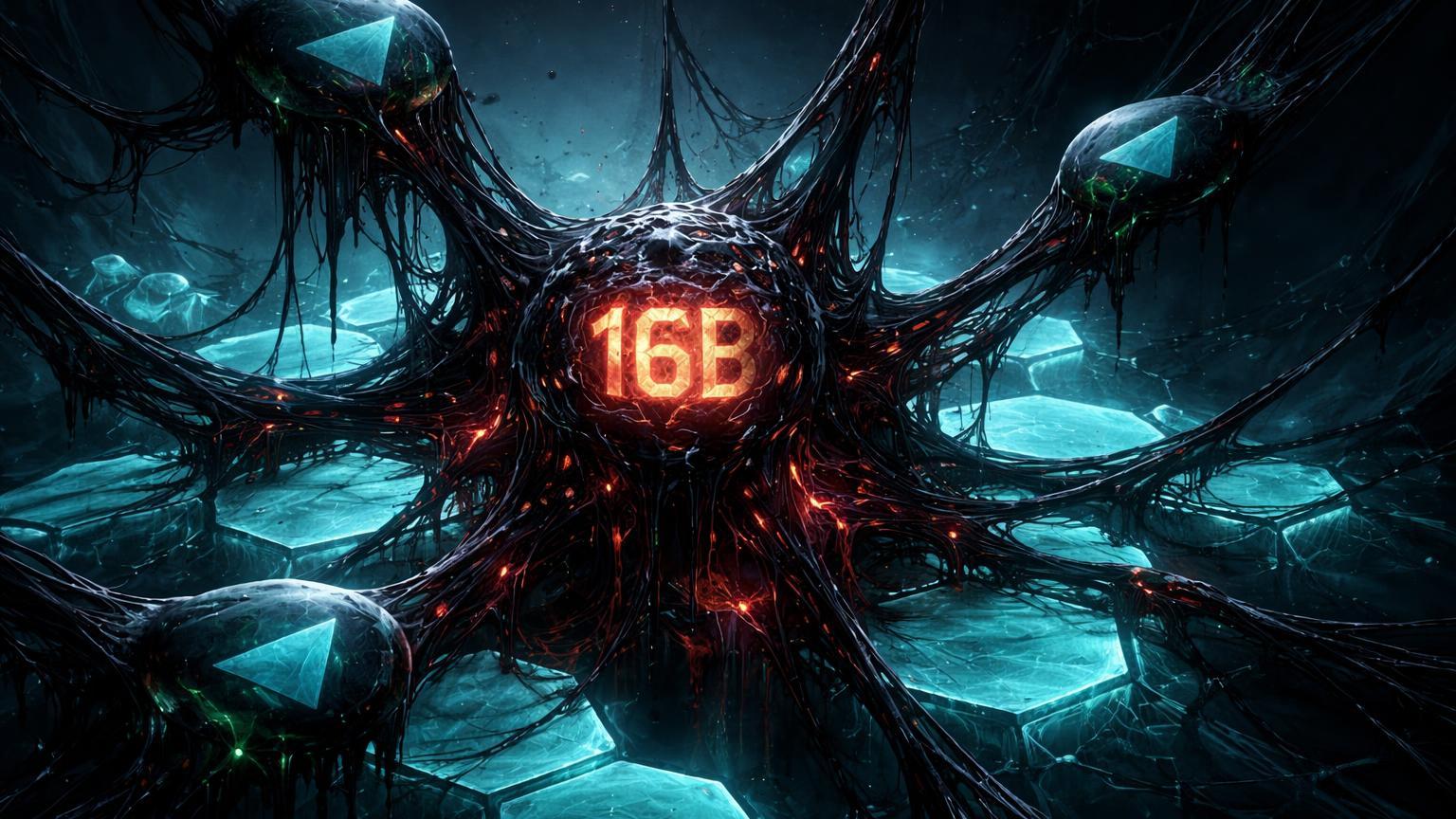 Teias escuras viscosas infiltrando rede cristalina cyan via nós Telegram estilizados com '16B', expondo lavagem industrial de criptomoedas