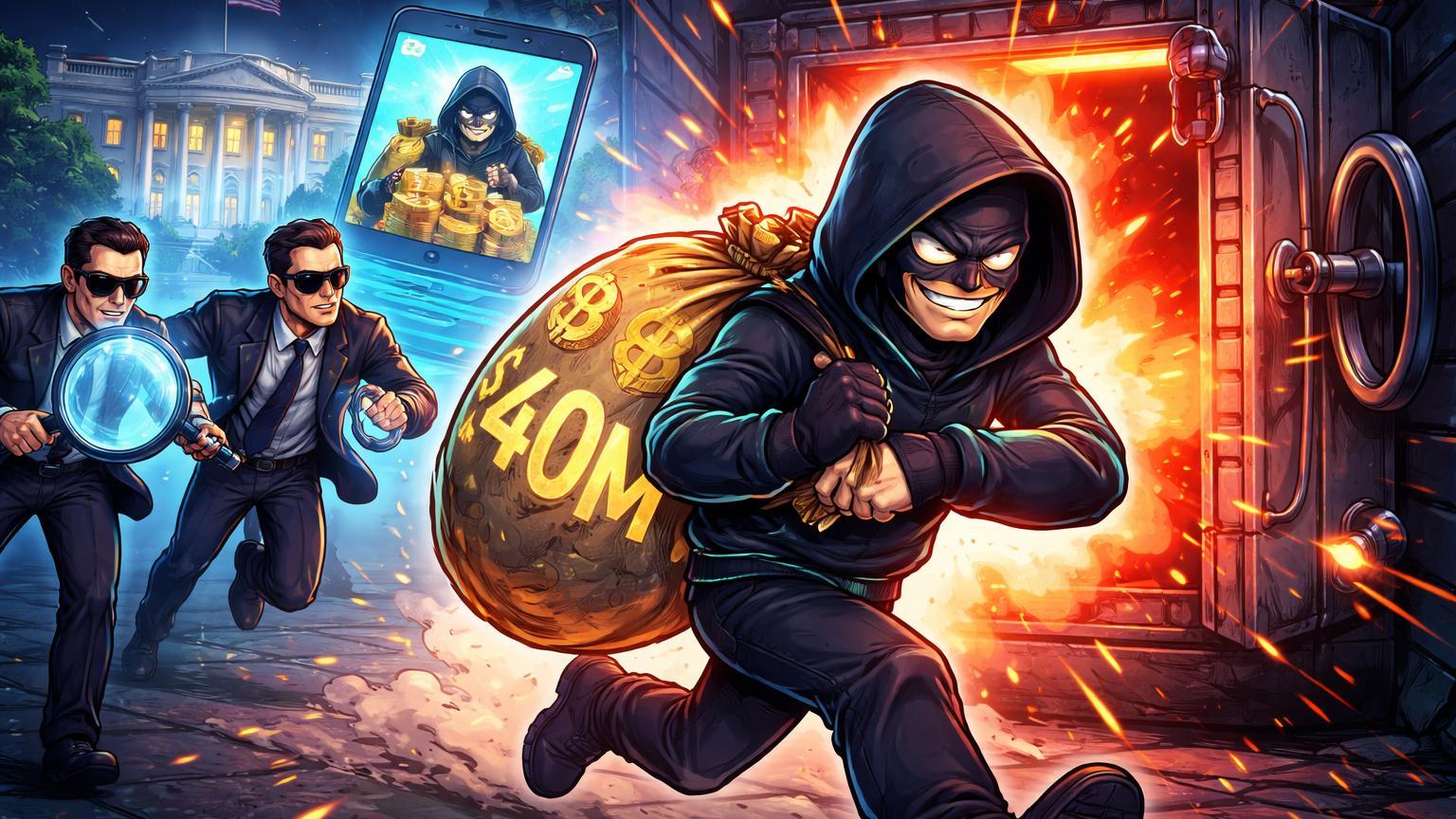 Suspeito cartoon fugindo com saco de cripto roubada de reserva, agentes da Casa Branca perseguindo, ilustrando escândalo de roubo de US$40M na reserva de Trump