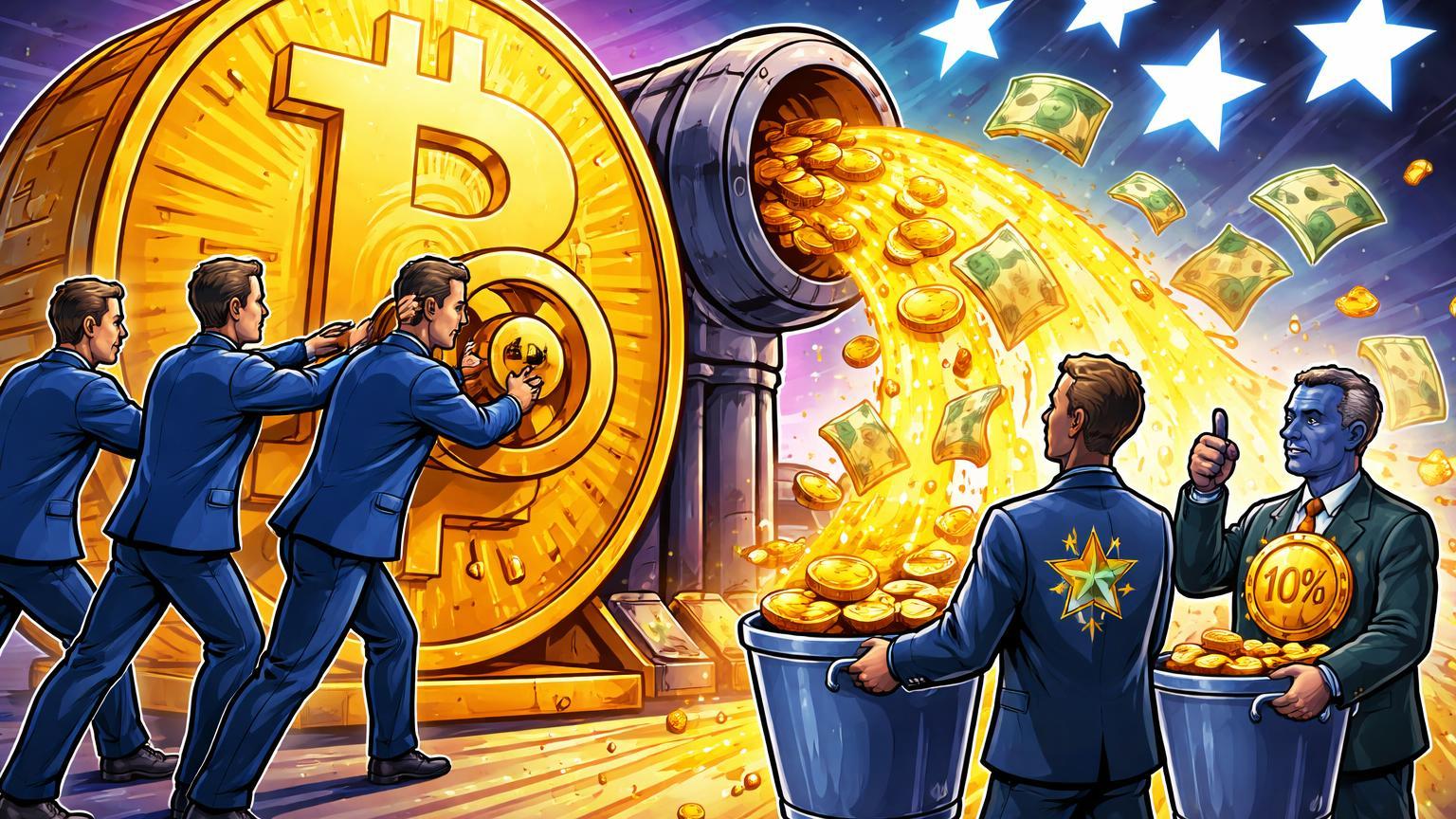 Executivos cartoon BlackRock ativando cofre Bitcoin liberando dividendos dourados para fundos públicos com selo 10%, simbolizando ETF de renda mensal