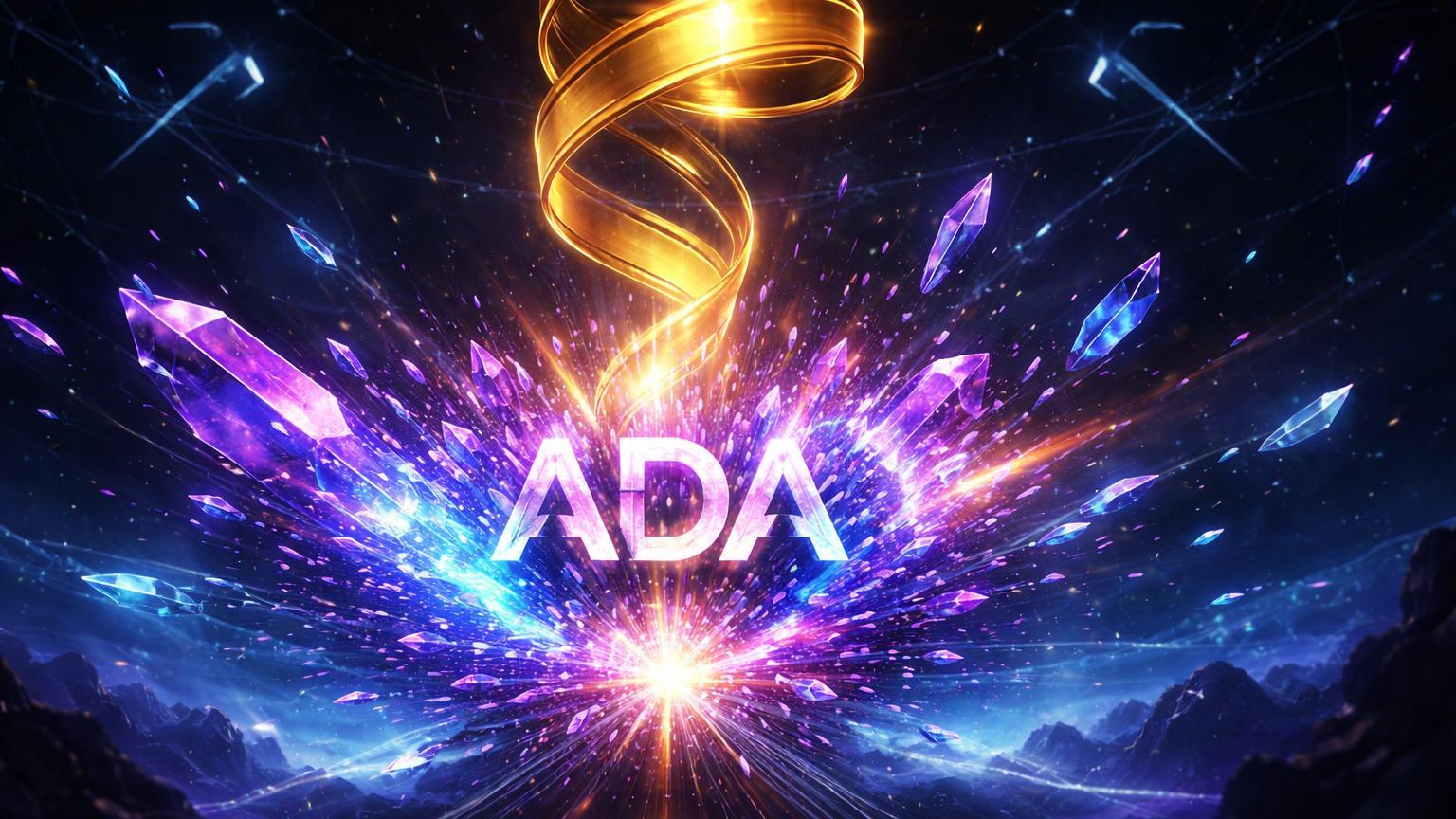 Fita dourada Hash Ribbon liberando explosão de cristais roxos e cyan de Cardano, sinalizando recuperação do Bitcoin e salto em futuros