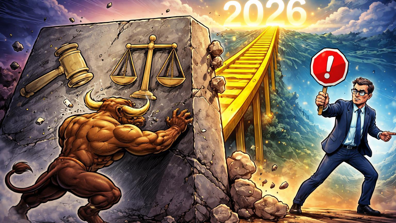 Touro cartoon empurrando barreira regulatória com sinal vermelho de alerta, simbolizando risco da CLARITY Act travando bull-run cripto em 2026