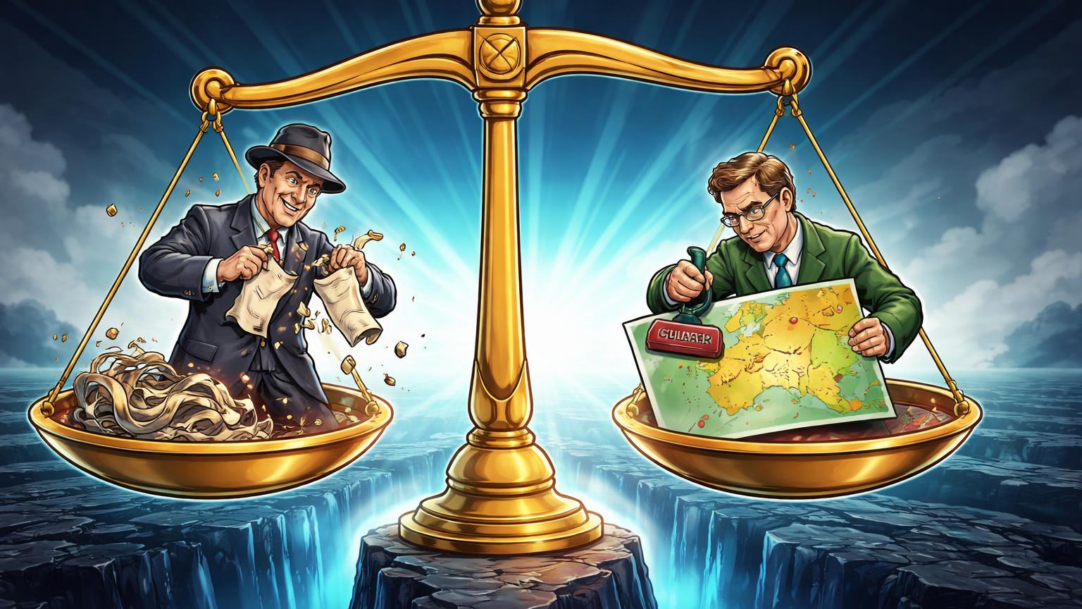 Personagens cartoon de senador EUA rasgando emenda e regulador australiano mapeando clareza em balança equilibrada, simbolizando avanços regulatórios cripto