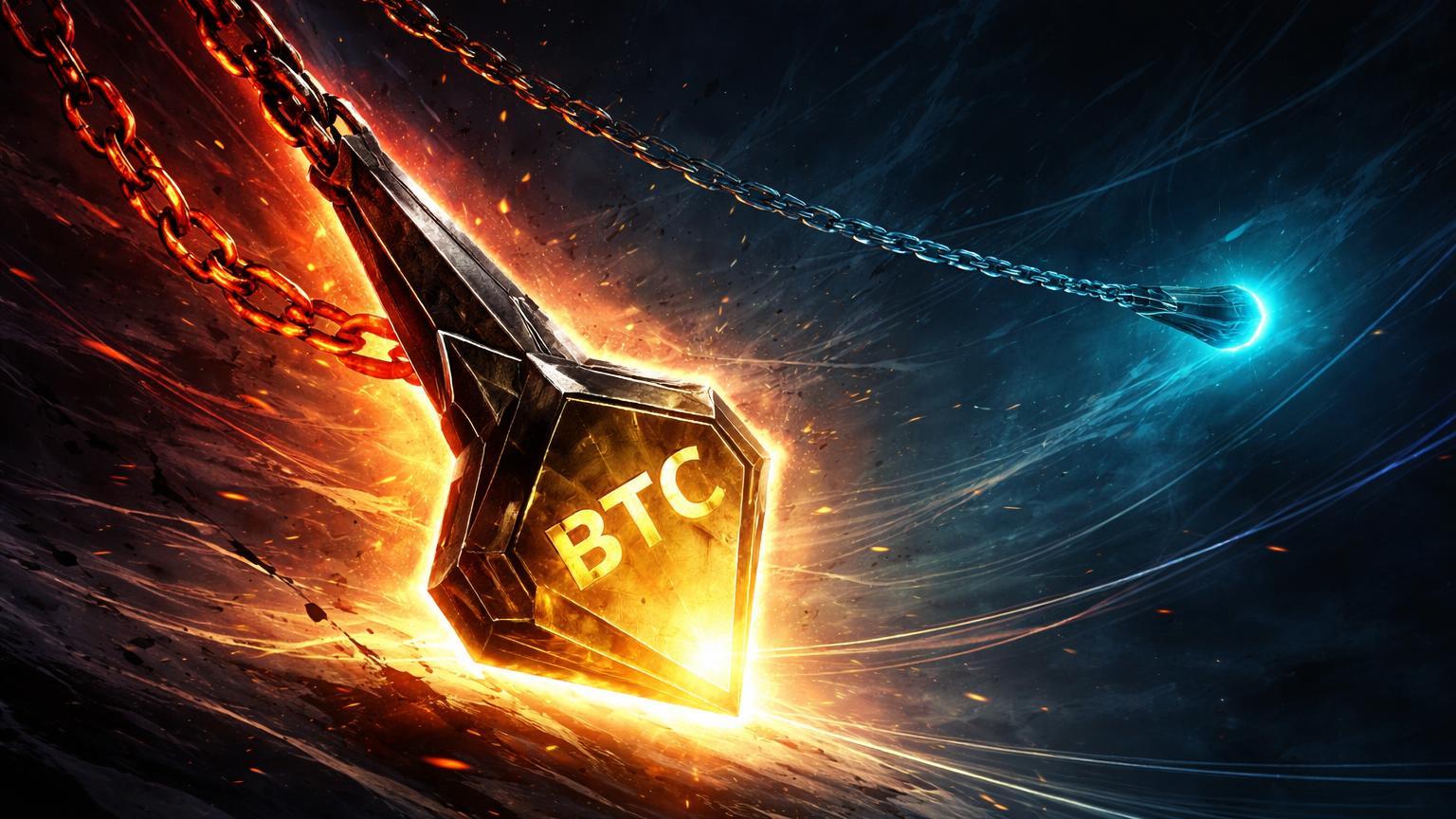Pêndulo dourado BTC puxado por correntes vermelhas descendentes sobre fundo azul, representando volatilidade do Fed e opções em Bitcoin