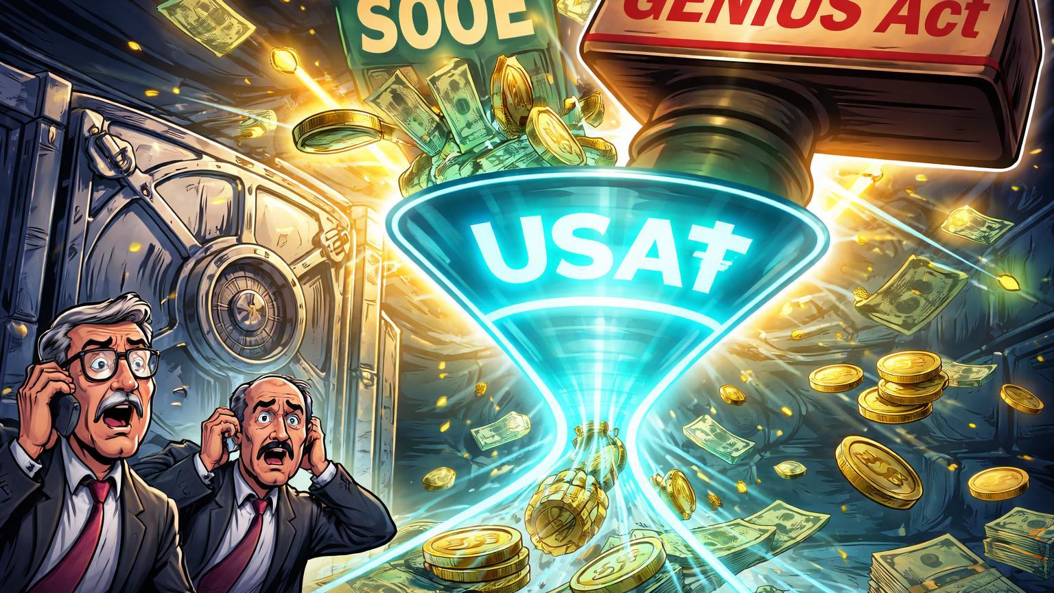 Banqueiros cartoon em pânico vendo cofre drenado por funil stablecoin USA₮ com 500B fluindo, simbolizando temor bancário ante nova lei federal