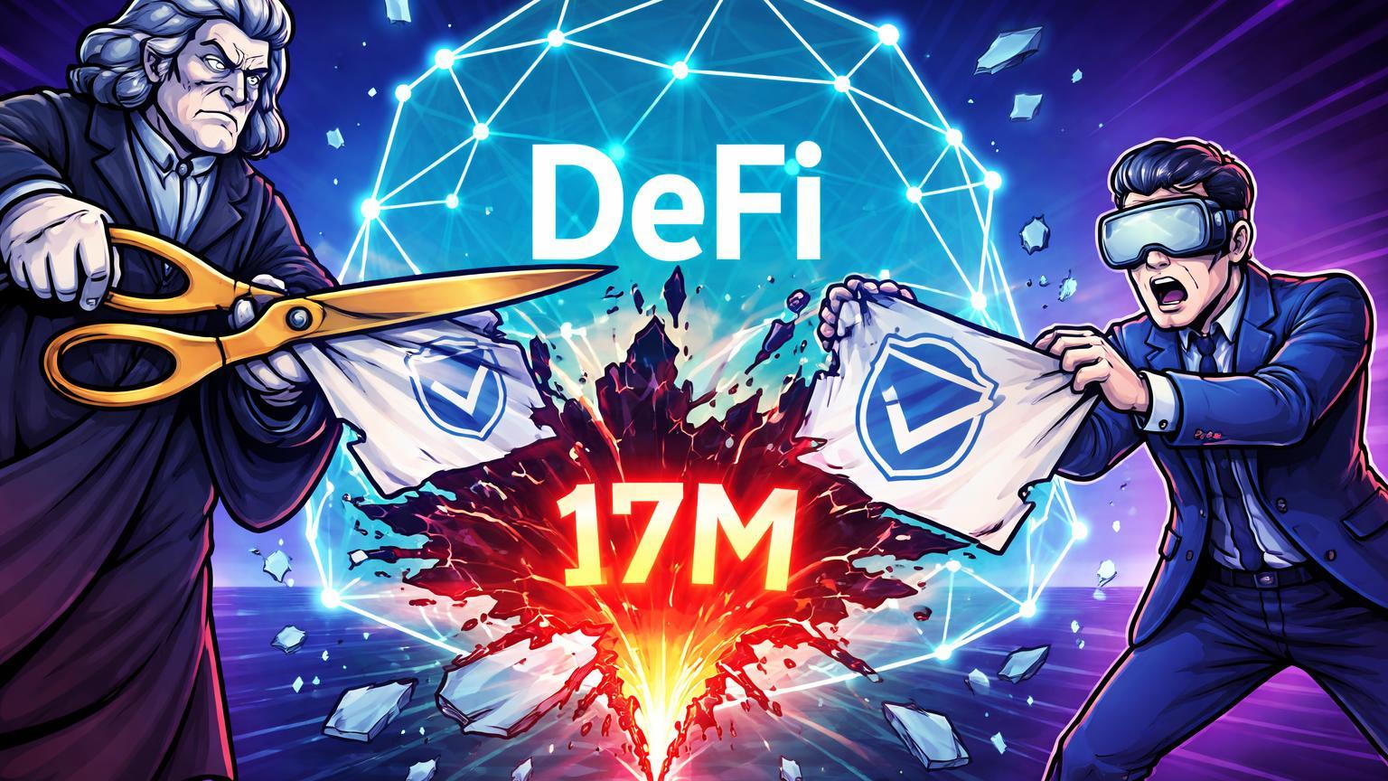 Rede DeFi cartoon com brecha '17M' vermelha expondo hack, regulador cortando banner otimista de exchange tech, alertando riscos ocultos