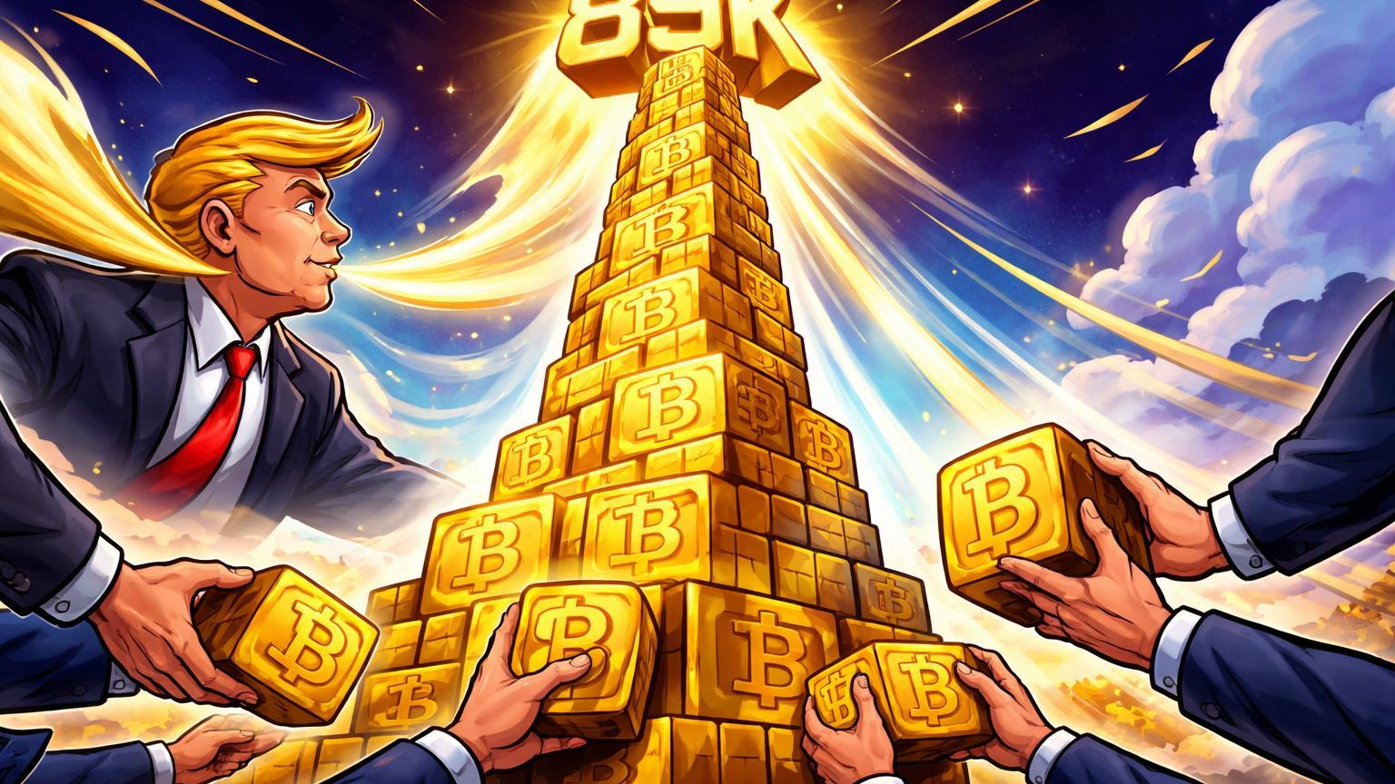 Torre de Bitcoin elevando-se a 89K com mãos executivas empilhando reservas e sopro político laranja, simbolizando alta por Trump e adoção corporativa