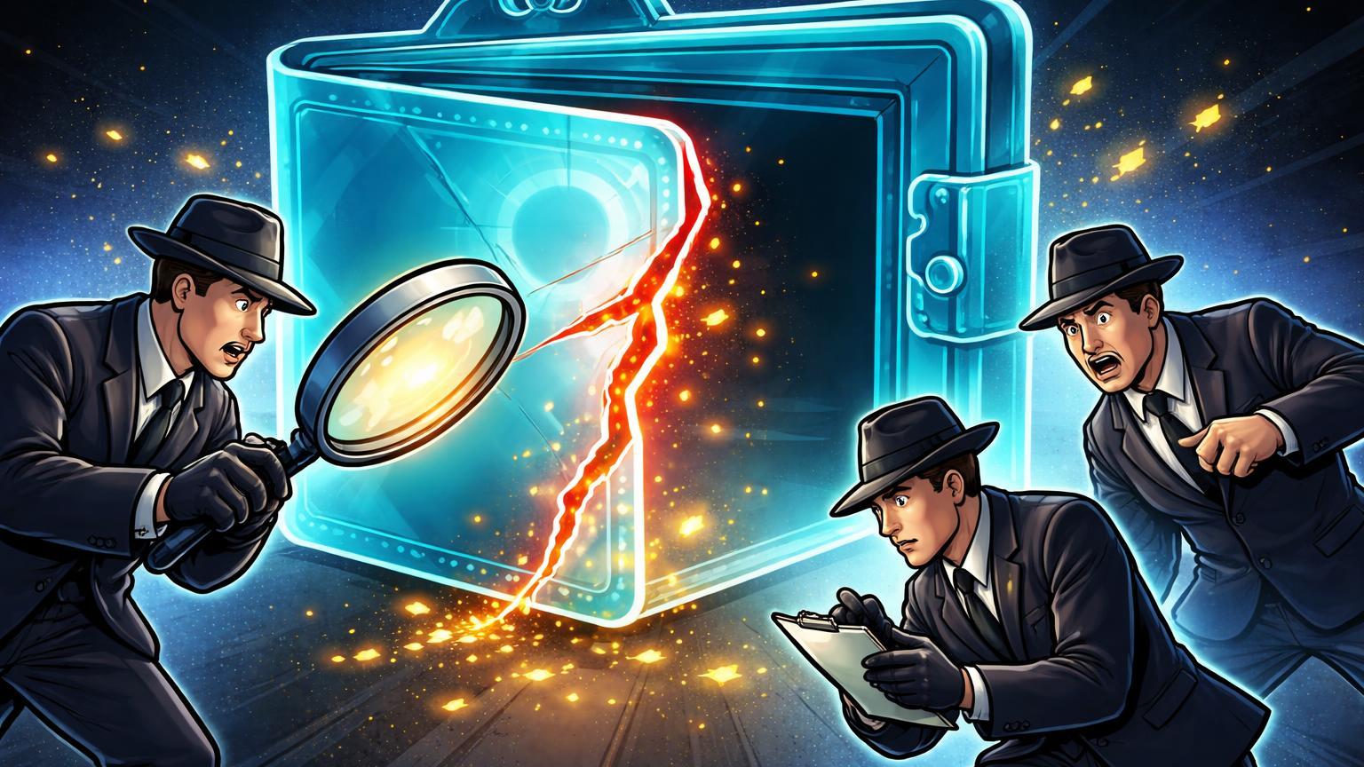 Agentes federais cartoon investigando cofre digital vazio com brecha vermelha, expondo roubo de US$ 40 mi em cripto do governo EUA