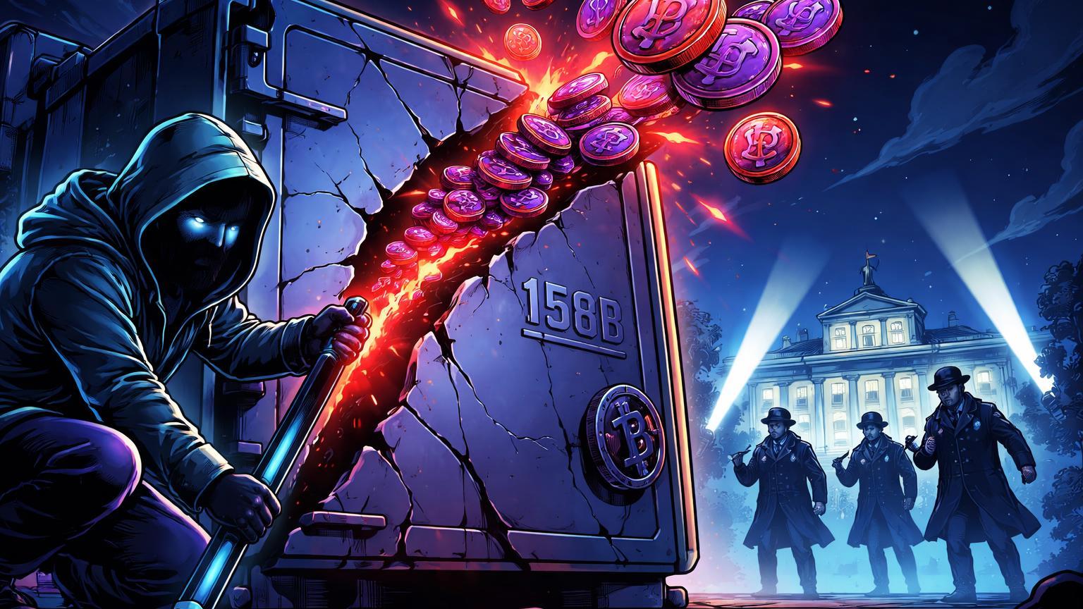 Hacker cartoon abrindo cofre cripto com stablecoins russas fugindo enquanto agentes federais investigam, representando crime recorde de US$158B