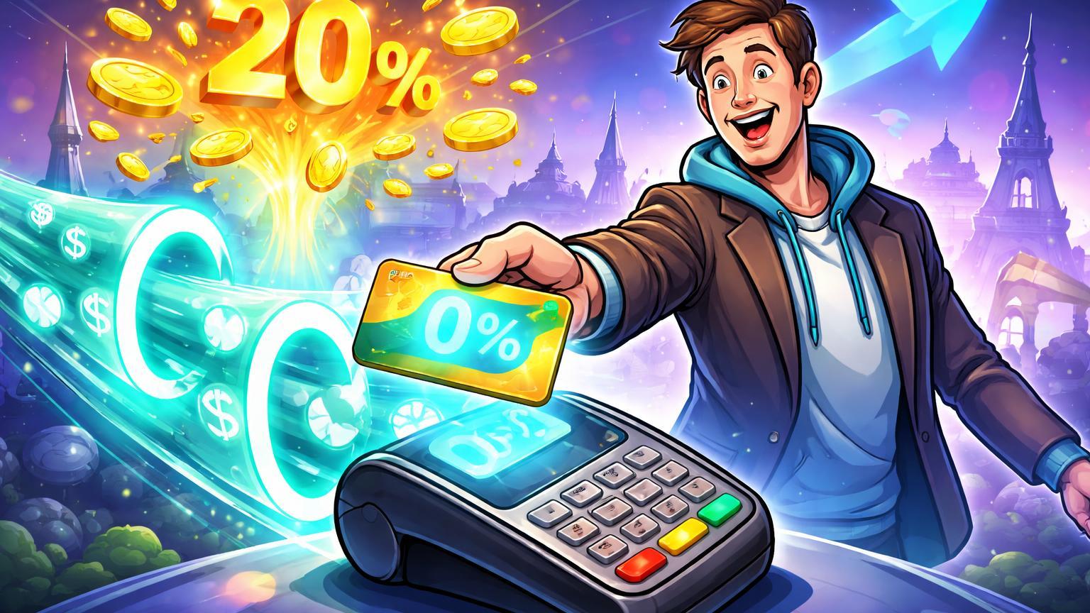 Personagem cartoon passando cartão cripto em terminal com fluxo de stablecoins sem taxas e cashback dourado, ilustrando lançamento OKX na Europa