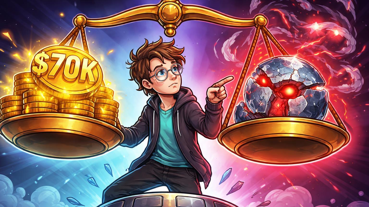 Vitalik cartoon equilibrando balança com $70K dourado e oráculo rachado, simbolizando lucro contra riscos em mercados de previsão