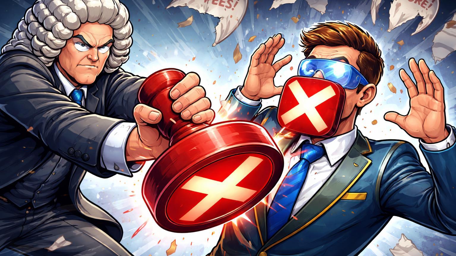 Regulador britânico cartoon selando com carimbo "X" vermelho a boca de personagem Coinbase, simbolizando proibição de anúncios irresponsáveis