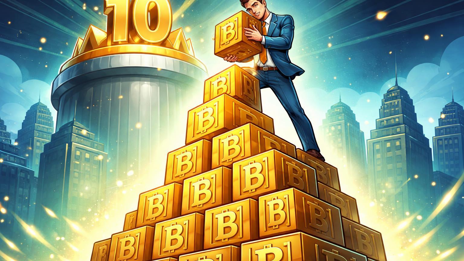 Executivo cartoon empilhando bloco BTC em tesouraria que alcança coroa '10', simbolizando Strive no top 10 detentores corporativos