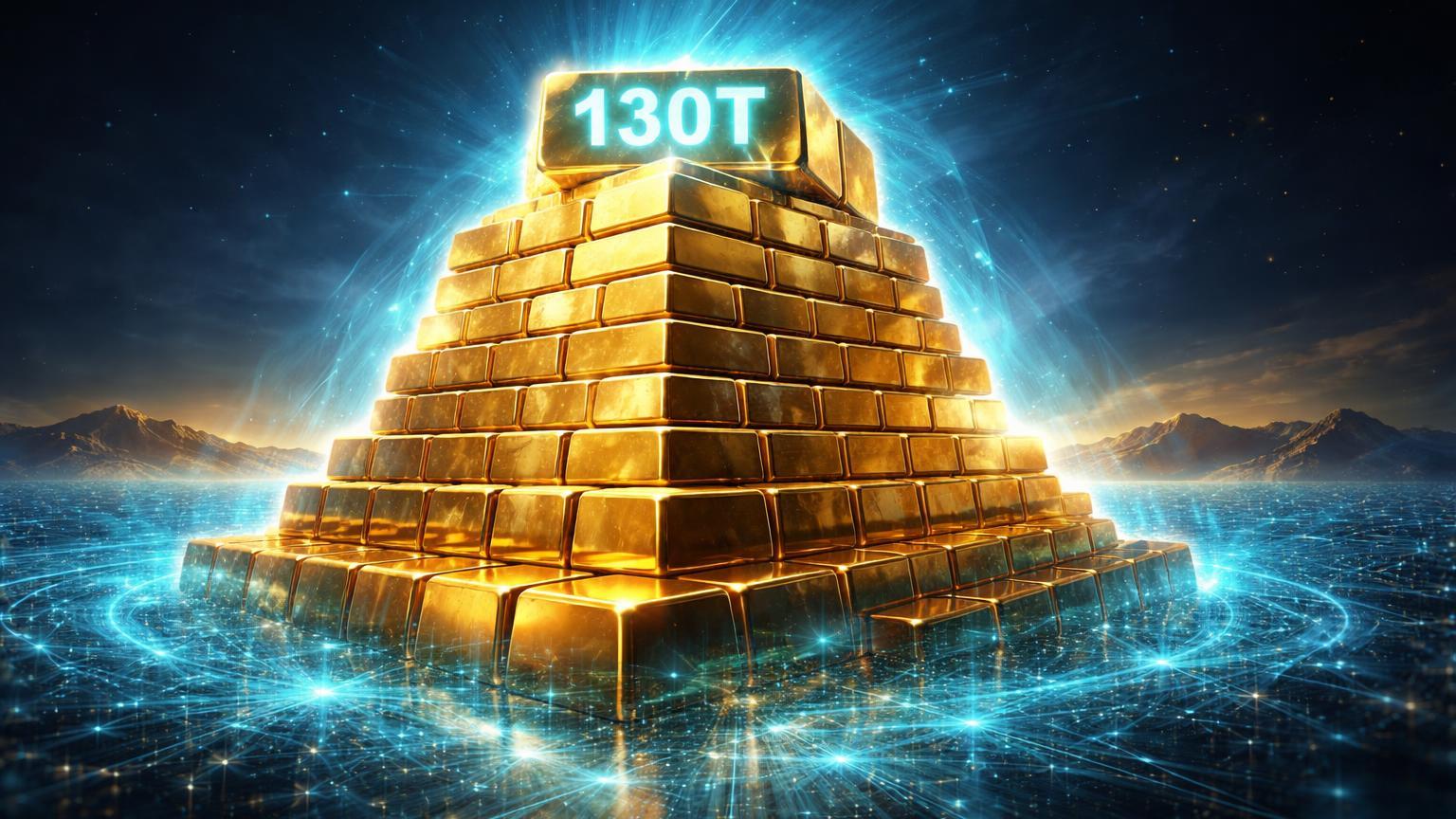Pilha imensa de barras de ouro com '130T' gravado e aura cyan, simbolizando reservas recorde da Tether superando bancos centrais