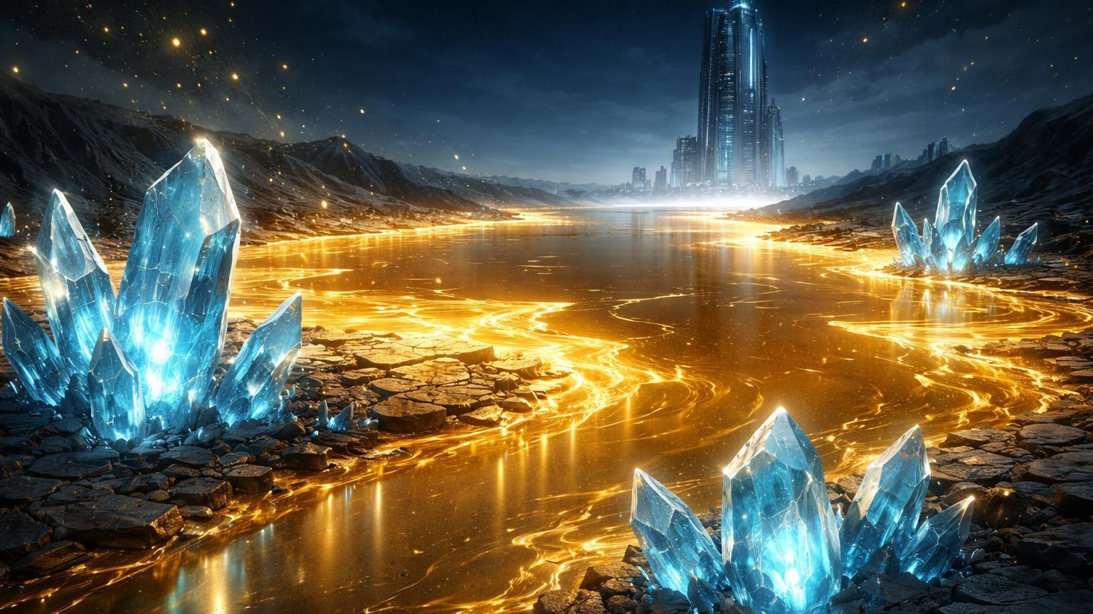 Lago dourado de Bitcoin retraindo com cristais azuis frios emergindo, simbolizando influxos mínimos na Binance e supply squeeze de holders