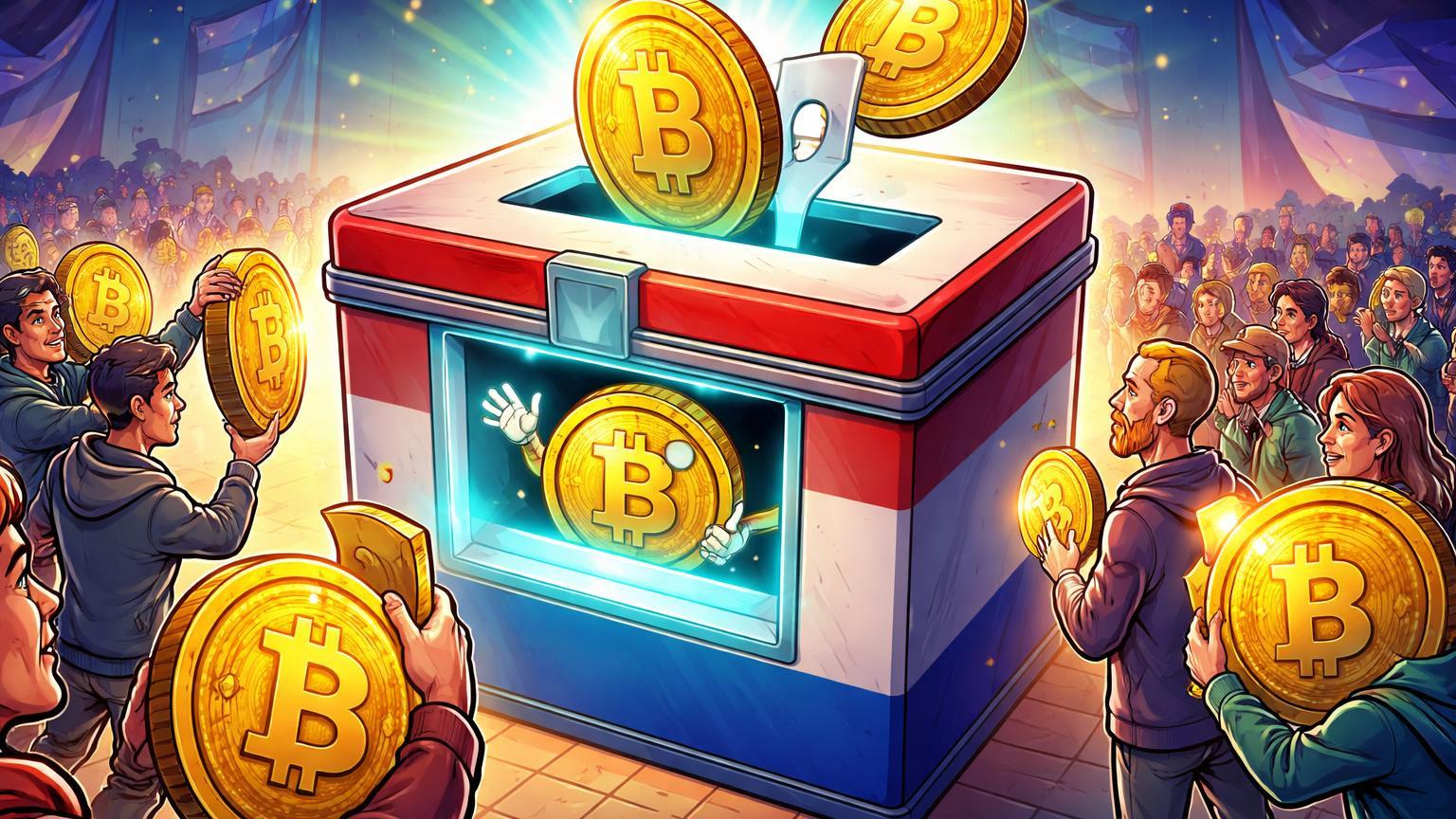 Cidadãos cartoon em fila depositando moedas Bitcoin em urna eleitoral gigante, simbolizando consulta pública do TSE sobre cripto nas eleições 2026