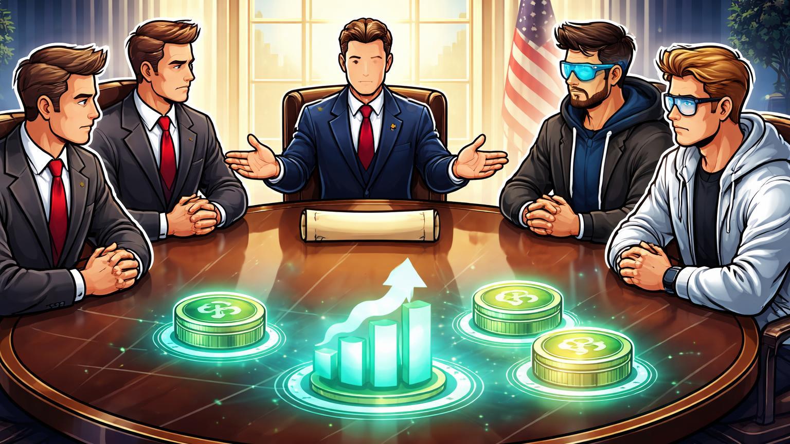 Executivos cartoon de cripto e bancos reunidos em mesa na Casa Branca, com ícones de stablecoins, simbolizando discussão do CLARITY Act