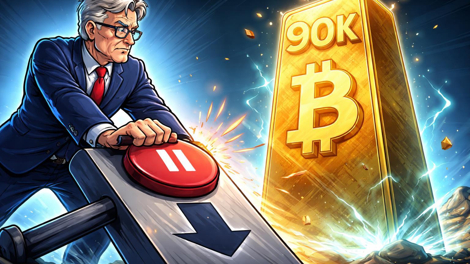 Personagem cartoon do Fed pausando alavanca de juros com pilar Bitcoin dourado em 90K estável, simbolizando resiliência após decisão do FOMC