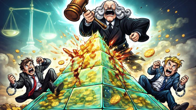 Juiz cartoon martelando pirâmide financeira desmoronando com líderes algemados caindo, simbolizando condenação por fraude cripto da Trust Investing
