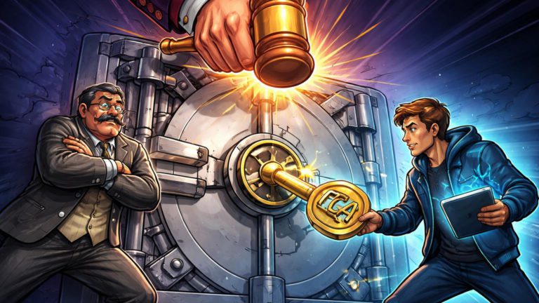 Banqueiro cartoon bloqueando porta de cofre enquanto mão regulatória FCA a abre para empreendedor cripto, simbolizando fim de bloqueios no Reino Unido