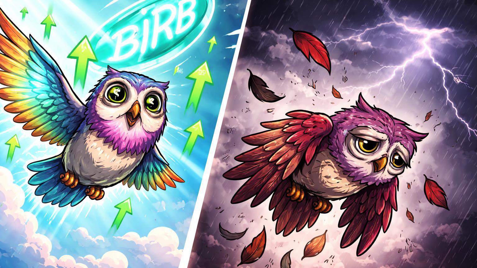 Pássaros Moonbirds cartoon: um voando alto com token BIRB brilhante, outro caindo com NFTs desbotados, capturando hype volátil do lançamento na Solana