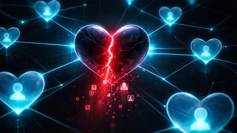 Rede de corações digitais conectados com coração central rachado vazando dados e chaves cripto, alertando riscos de engenharia social em vazamento