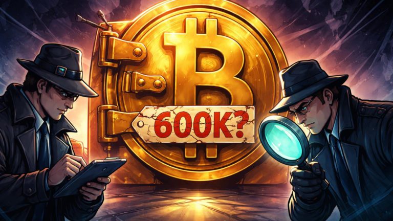 Agentes investigativos cartoon examinando cofre Bitcoin com '600K?' duvidoso, simbolizando investigação da Casa Branca sobre reservas venezuelanas