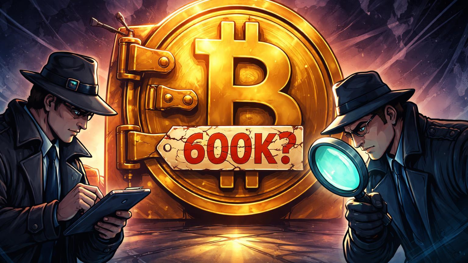 Agentes investigativos cartoon examinando cofre Bitcoin com '600K?' duvidoso, simbolizando investigação da Casa Branca sobre reservas venezuelanas