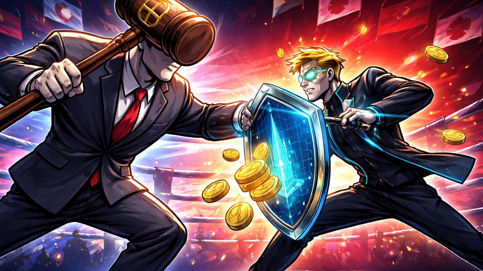 Regulador cartoon empurrando magnata cripto e pilhas de ações voando de escudo de exchange, simbolizando lei regulatória na Coreia do Sul