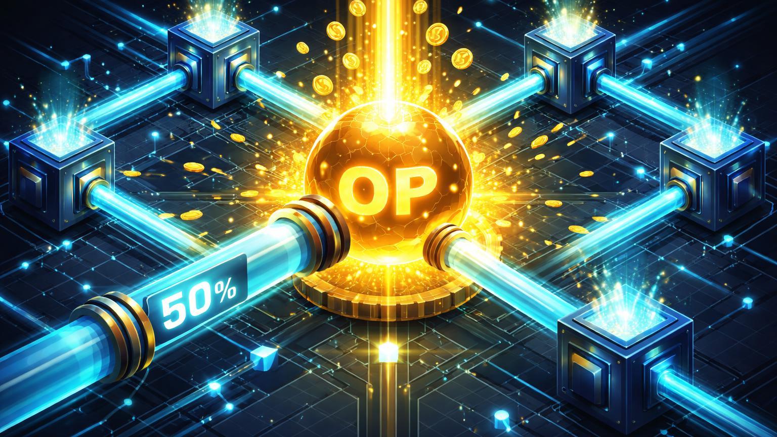 Rede isométrica Superchain com 50% do fluxo de receita direcionado a nüleo OP sugando tokens, simbolizando recompra aprovada pela governança Optimism