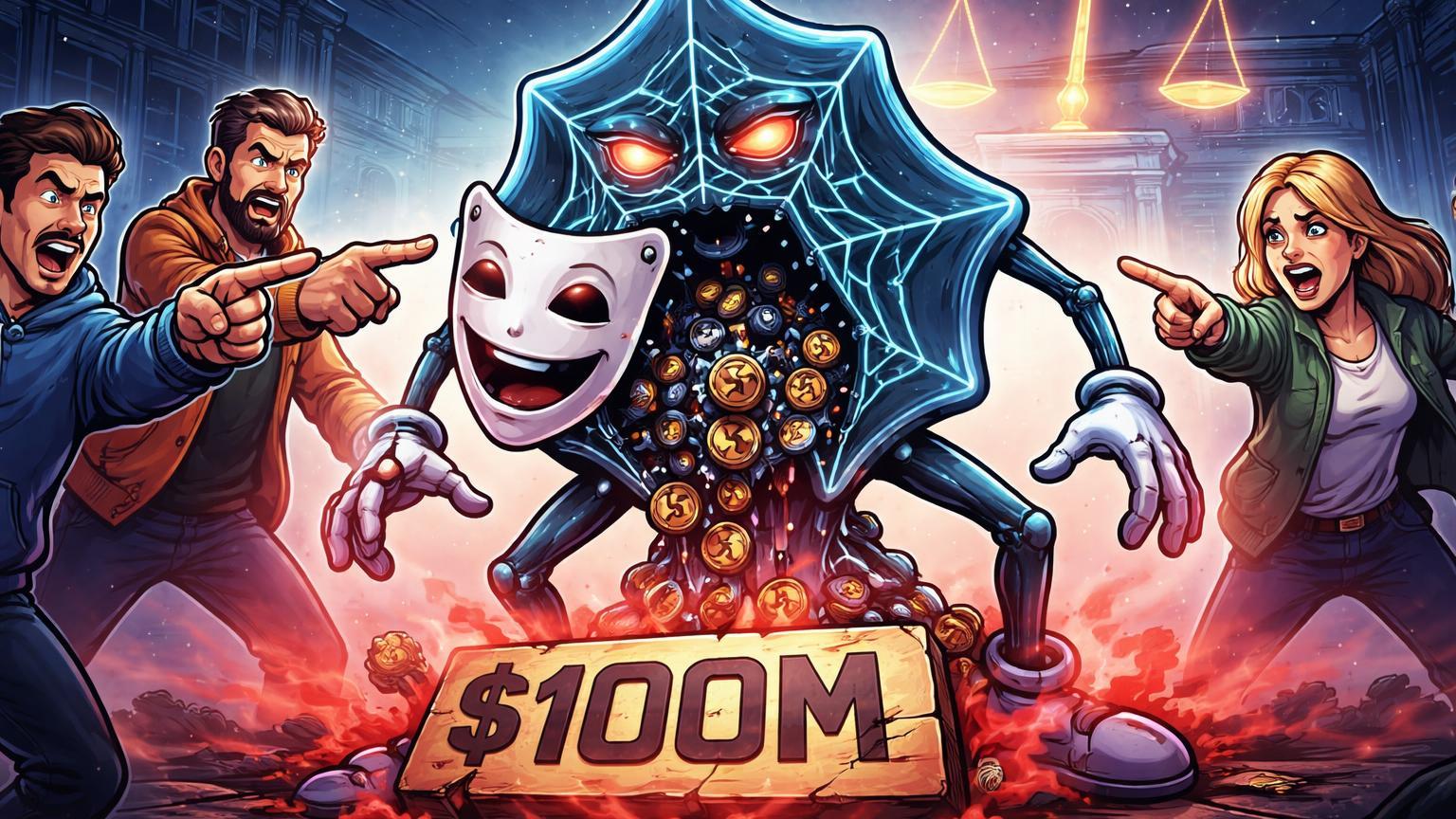 Investidores cartoon acusando teia digital com máscara caindo revelando bots e tokens falsos, com $100M no chão, simbolizando fraude na Cere Network