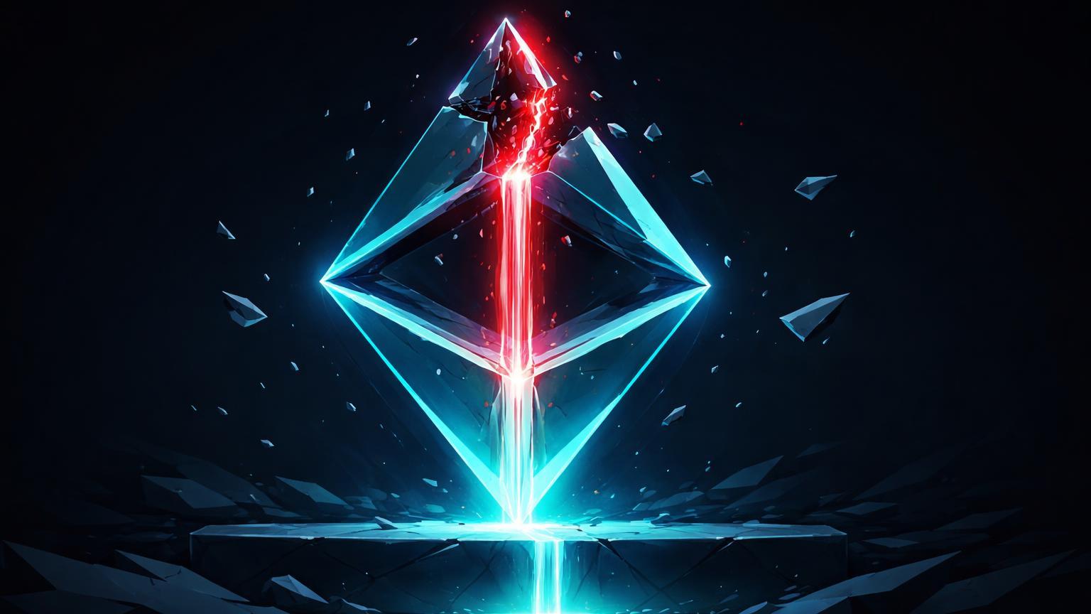 Triângulo low-poly simétrico rompido com luz cyan fluindo para baixo sobre barra de suporte, representando quebra técnica do Ethereum em US$ 3.000