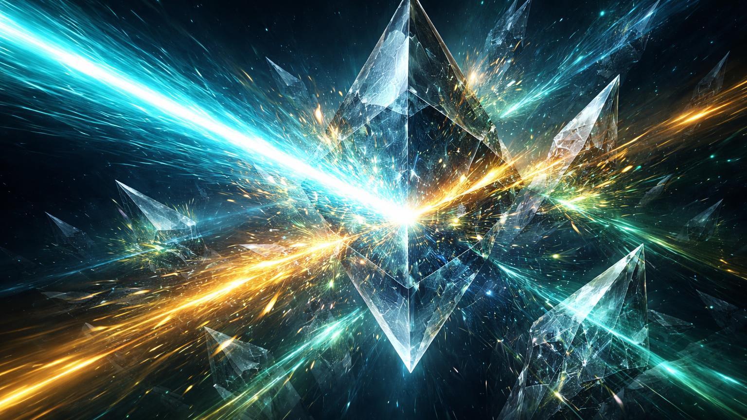 Feixe de energia cyan acelerando através de rede cristalina Ethereum, simbolizando mainnet MegaETH com latência ultrabaixa e escalabilidade