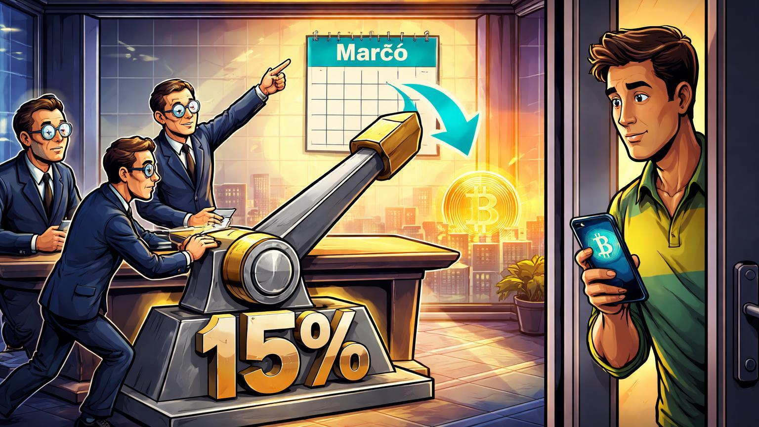 Personagens Copom cartoon ao redor de alavanca Selic em 15% apontando corte em março, investidor brasileiro observando Bitcoin emergente
