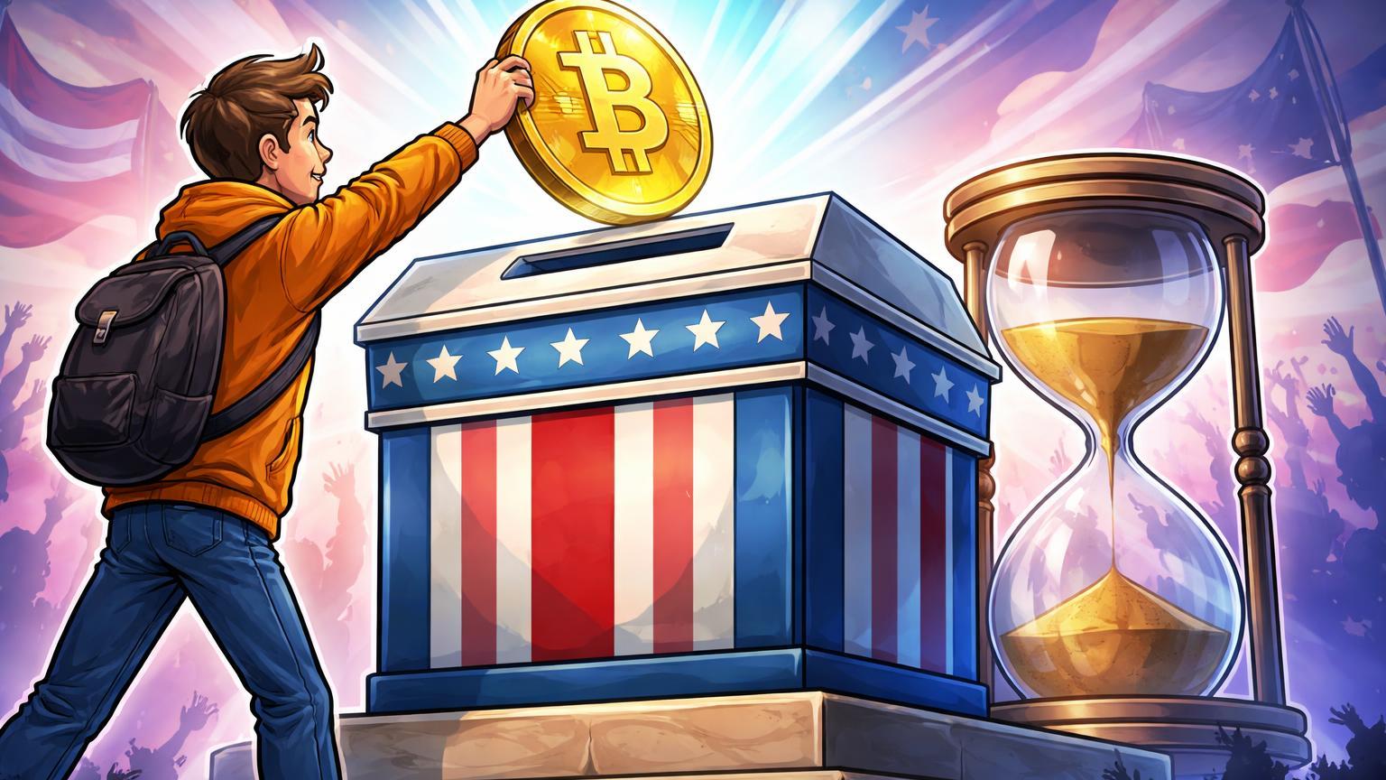 Eleitor cartoon depositando moeda Bitcoin em urna eleitoral gigante com relógio de areia esgotando, simbolizando consulta urgente do TSE sobre doações cripto