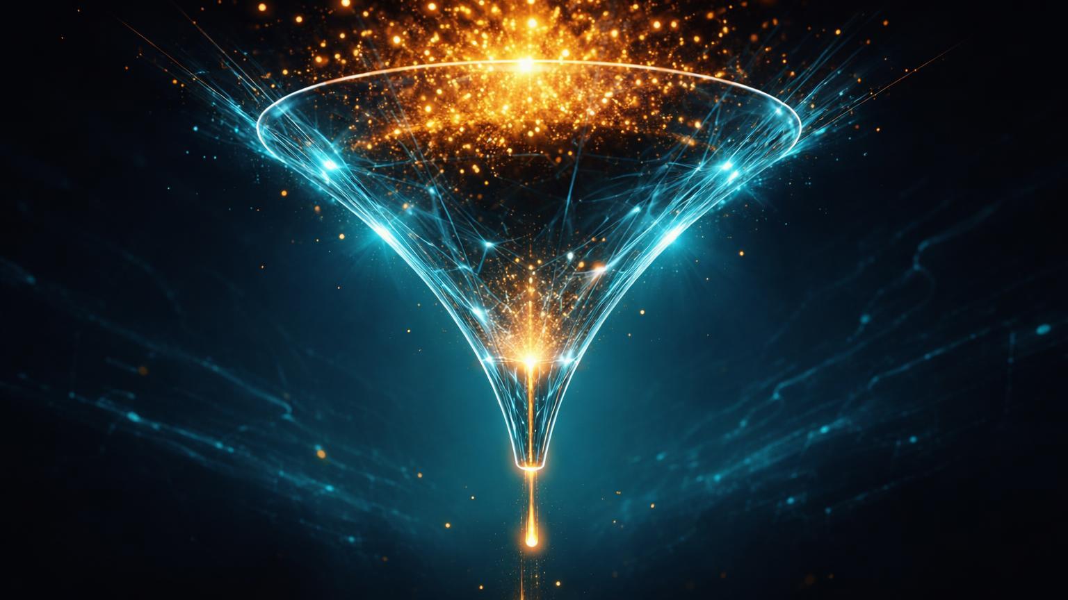 Funil de vidro translucido com massa dourada BTC acumulada no topo e gotas mínimas saindo, simbolizando supply squeeze na Binance