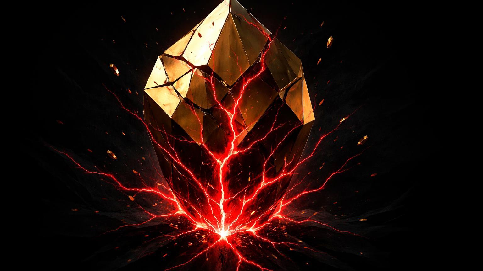 Cristal dourado com veias vermelhas se espalhando da base, simbolizando aumento do supply in loss do Bitcoin em sinal bearish