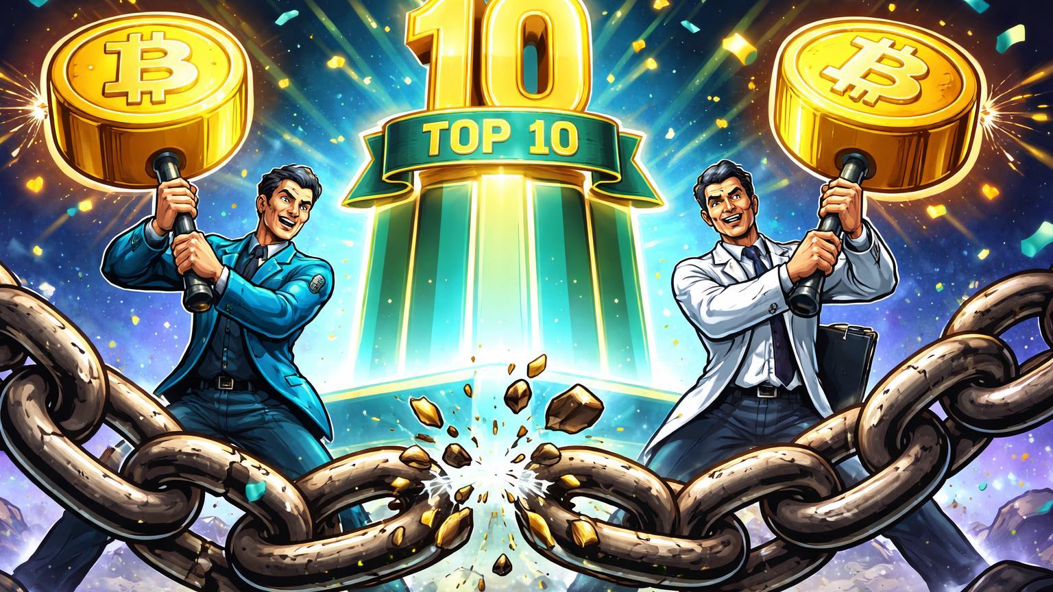 Executivos cartoon quebrando correntes de dívida com martelos Bitcoin para alcançar pódio top 10, celebrando adoção corporativa de BTC