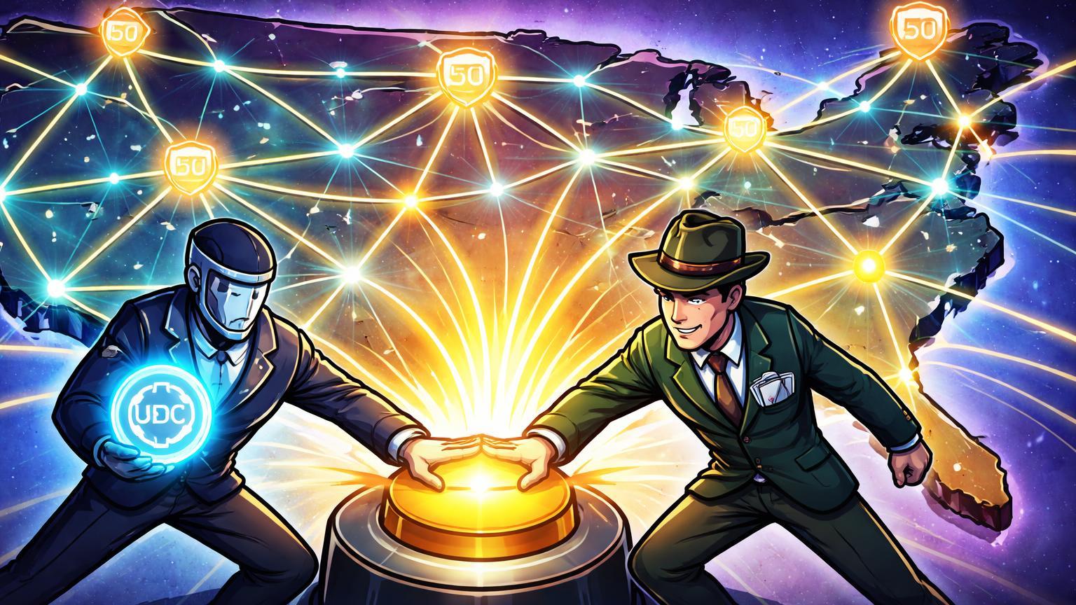 Personagens cartoon da Coinbase e Kalshi ativando rede luminosa sobre mapa dos EUA, simbolizando lançamento de mercados de previsão em todos os 50 estados