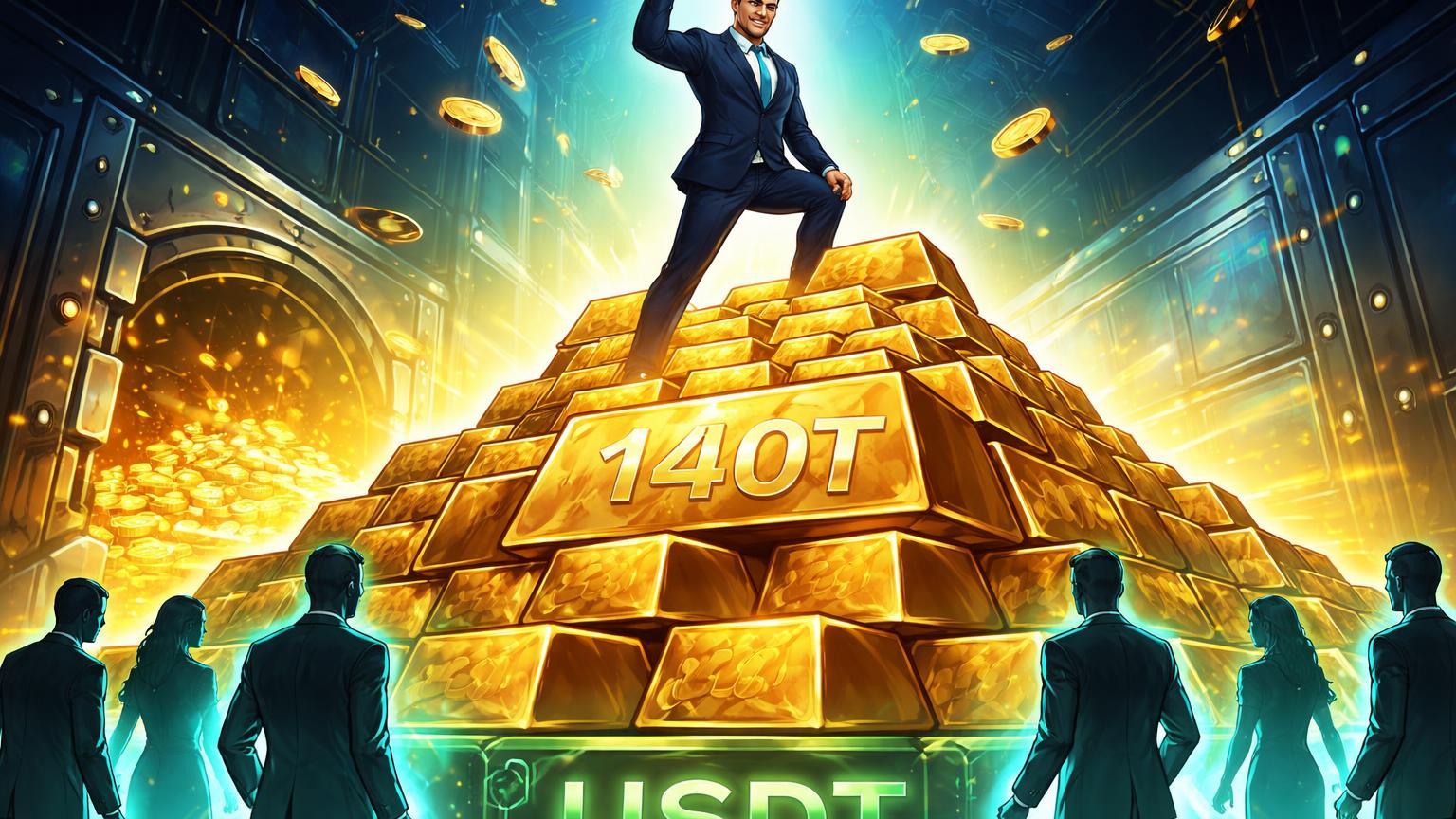 Personagem cartoon de CEO Tether no topo de pilha colossal de ouro com '140T', e experts em transição, simbolizando ambição de banco central para USDT