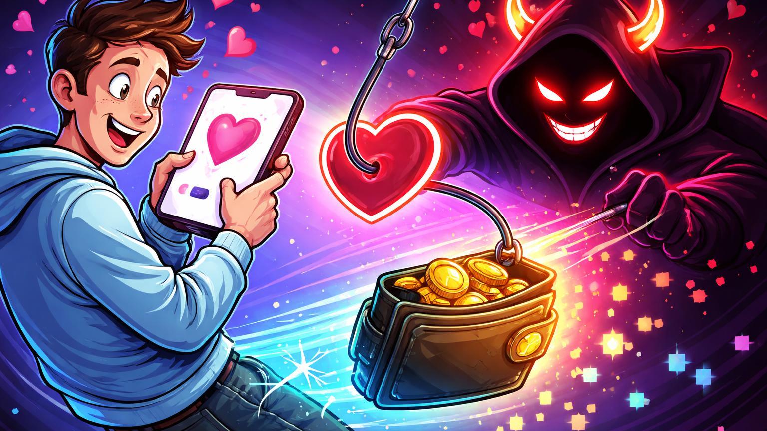 Personagens cartoon em app de dating com perfil falso hacker fisgando carteira cripto, alertando sobre phishing via vazamento de 10M registros
