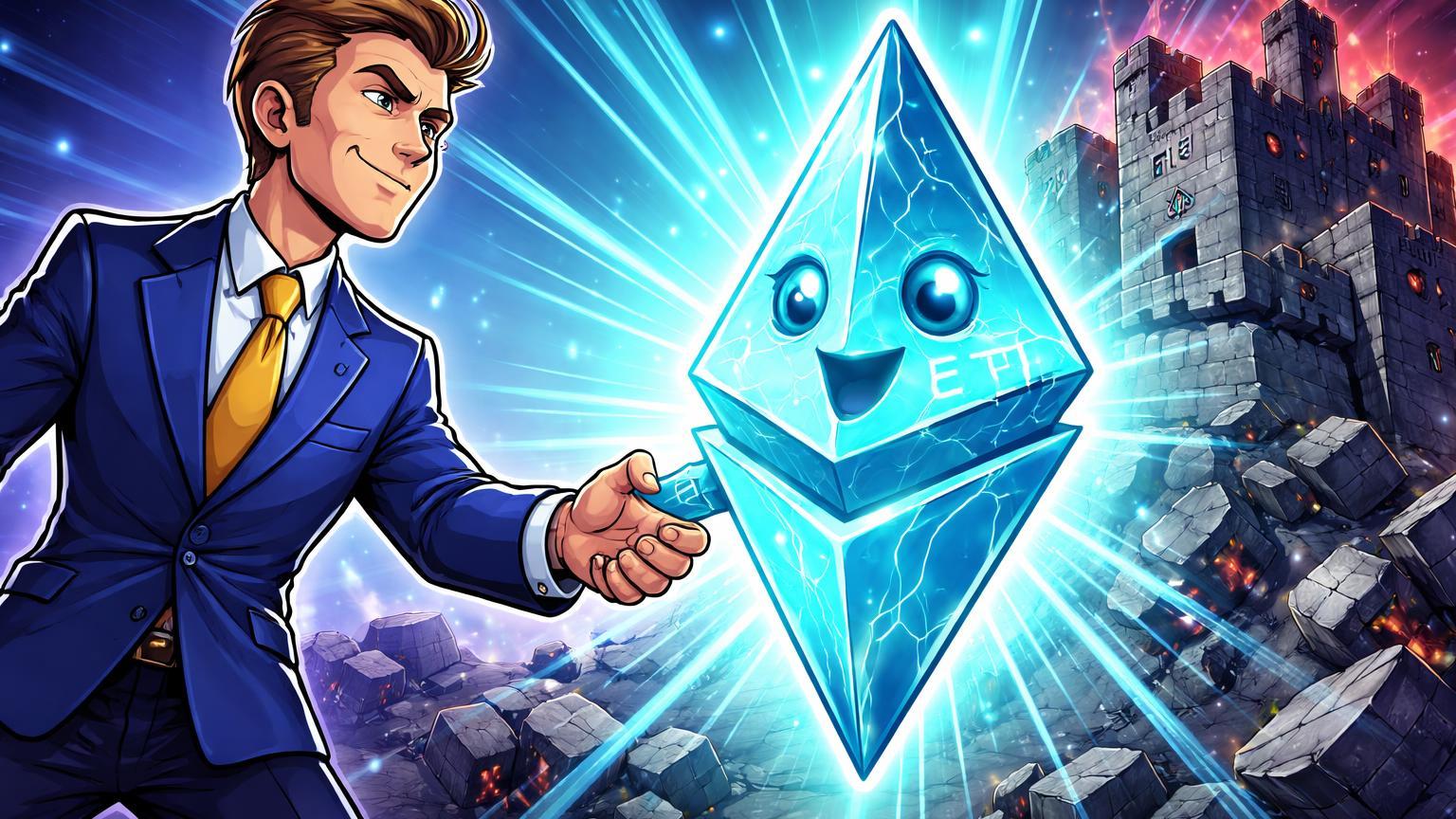 Executivo cartoon de Fidelity estendendo mão para prisma Ethereum luminoso enquanto fortaleza privada desmorona, sinalizando adoção institucional em blockchains públicos