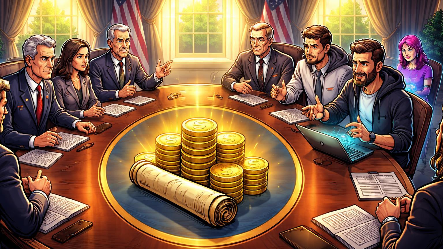 Personagens cartoon de governo, bancos e líderes cripto negociando em mesa da Casa Branca sobre stablecoins, ilustrando conclave do CLARITY Act