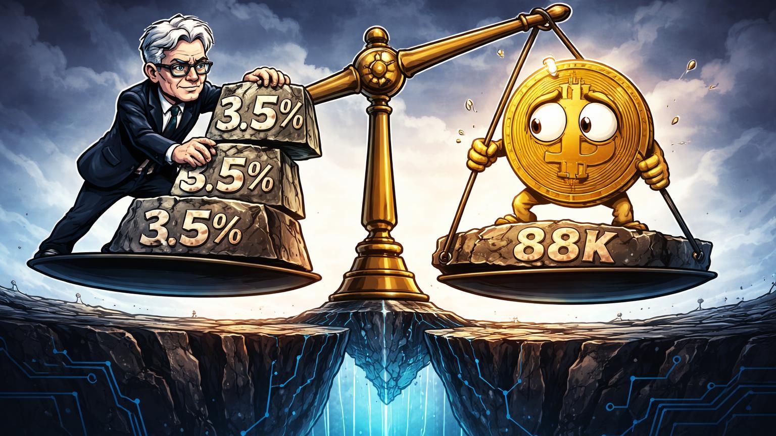 Balança precária com figura do Fed adicionando pesos de 3.5% contra Bitcoin em suporte 88K, ilustrando decisão do FOMC