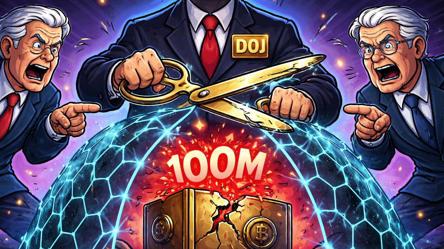 Senadores cartoon denunciando figura DOJ cortando rede de segurança cripto com cofre rachado e 100M exposto, expondo escândalo regulatório