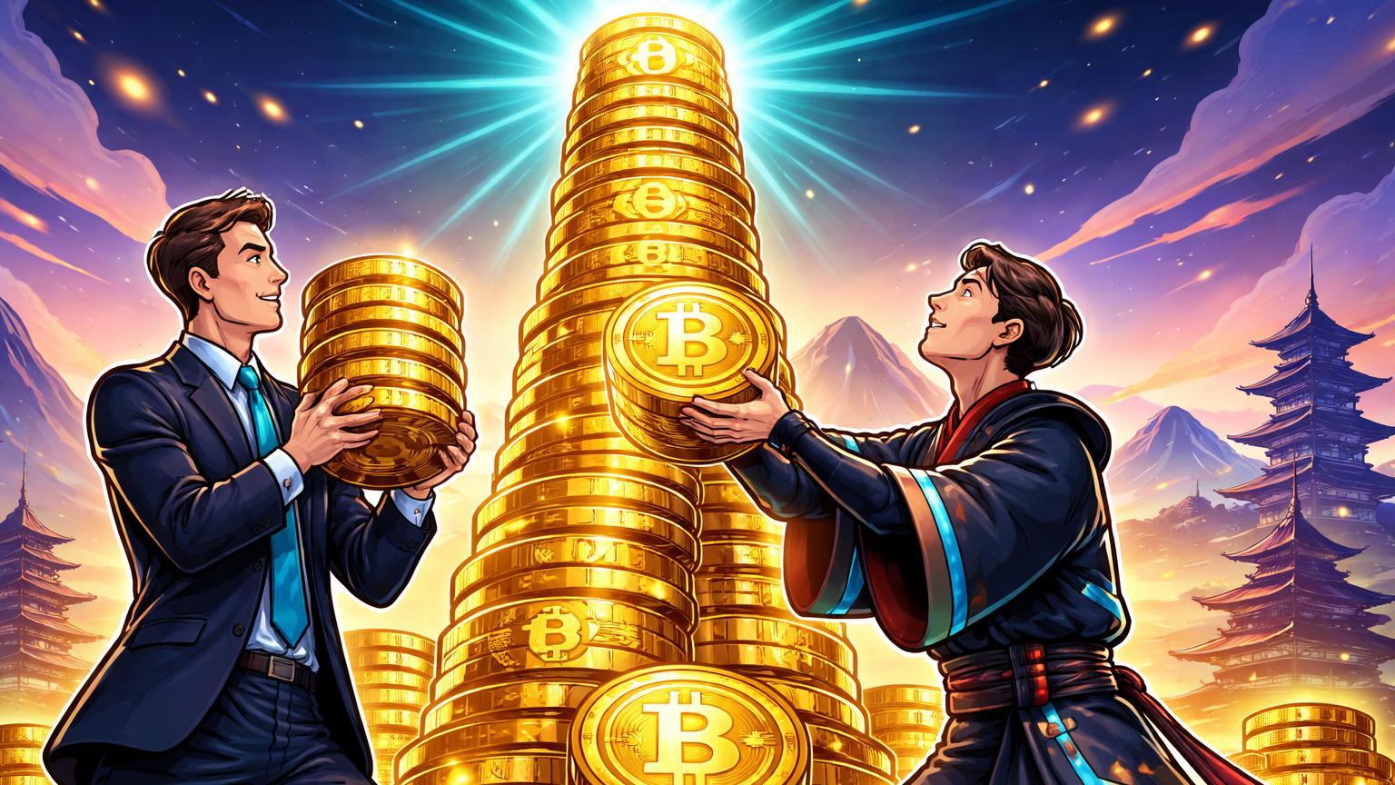 Personagens cartoon de empresas estilizadas empilhando torre de BTC dourados sob aurora cyan, simbolizando tesouraria Bitcoin da Metaplanet inspirando Ásia