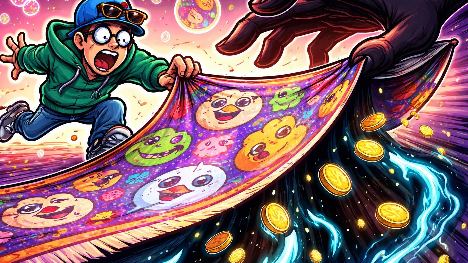 Investidor cartoon tropeçando enquanto mão sombria puxa tapete memecoin, moedas vazando para abismo, alertando rug pulls e roubos em cripto