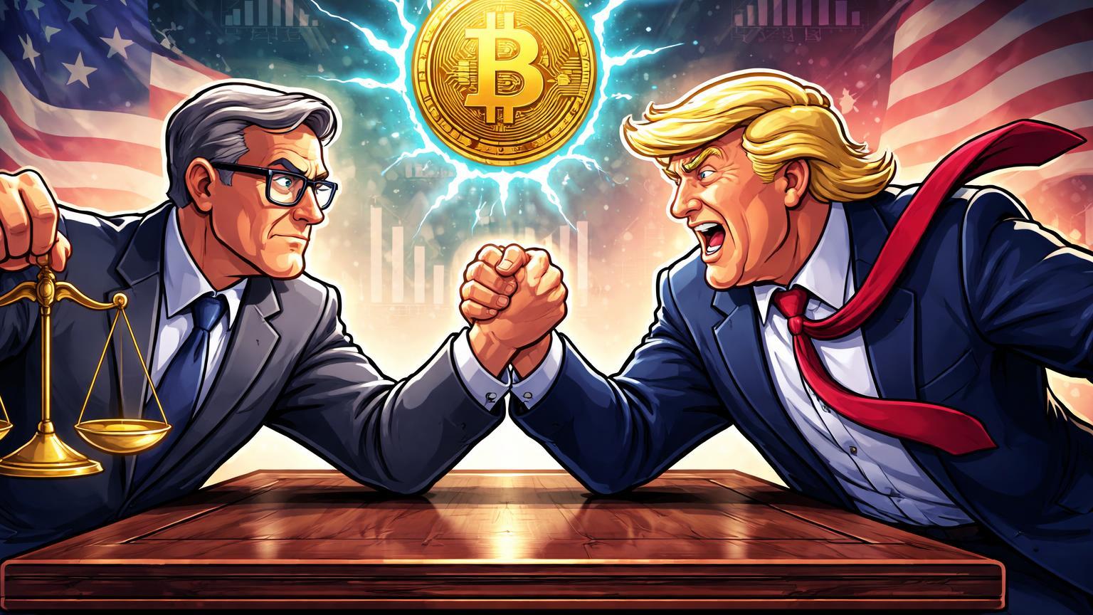 Personagens cartoon de Fed e Trump em braço de ferro sobre mesa de juros, com Bitcoin flutuando tenso acima, simbolizando confronto político nos EUA