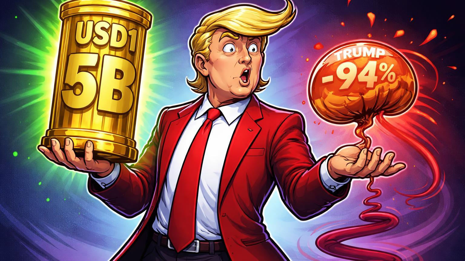 Personagem cartoon Trump-like segurando stablecoin USD1 de US$5B sólida e memecoin TRUMP murchando em -94%, contrastando sucessos e fracassos irônicos no cripto