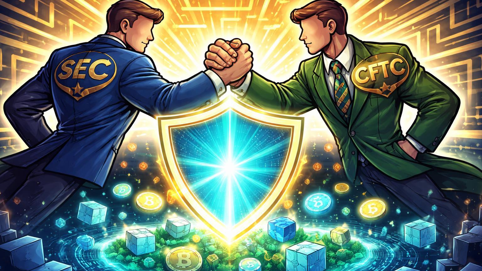 Personagens cartoon de SEC e CFTC apertando mãos sobre escudo de clareza, simbolizando cooperação no CLARITY Act para regulação cripto