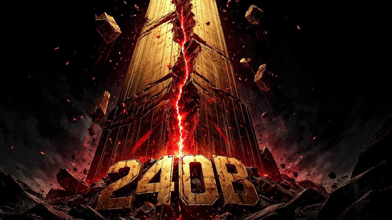 Torre dourada digital rachando com veias vermelhas e fragmentos caindo, simbolizando perda de US$240B e liquidações no crash cripto